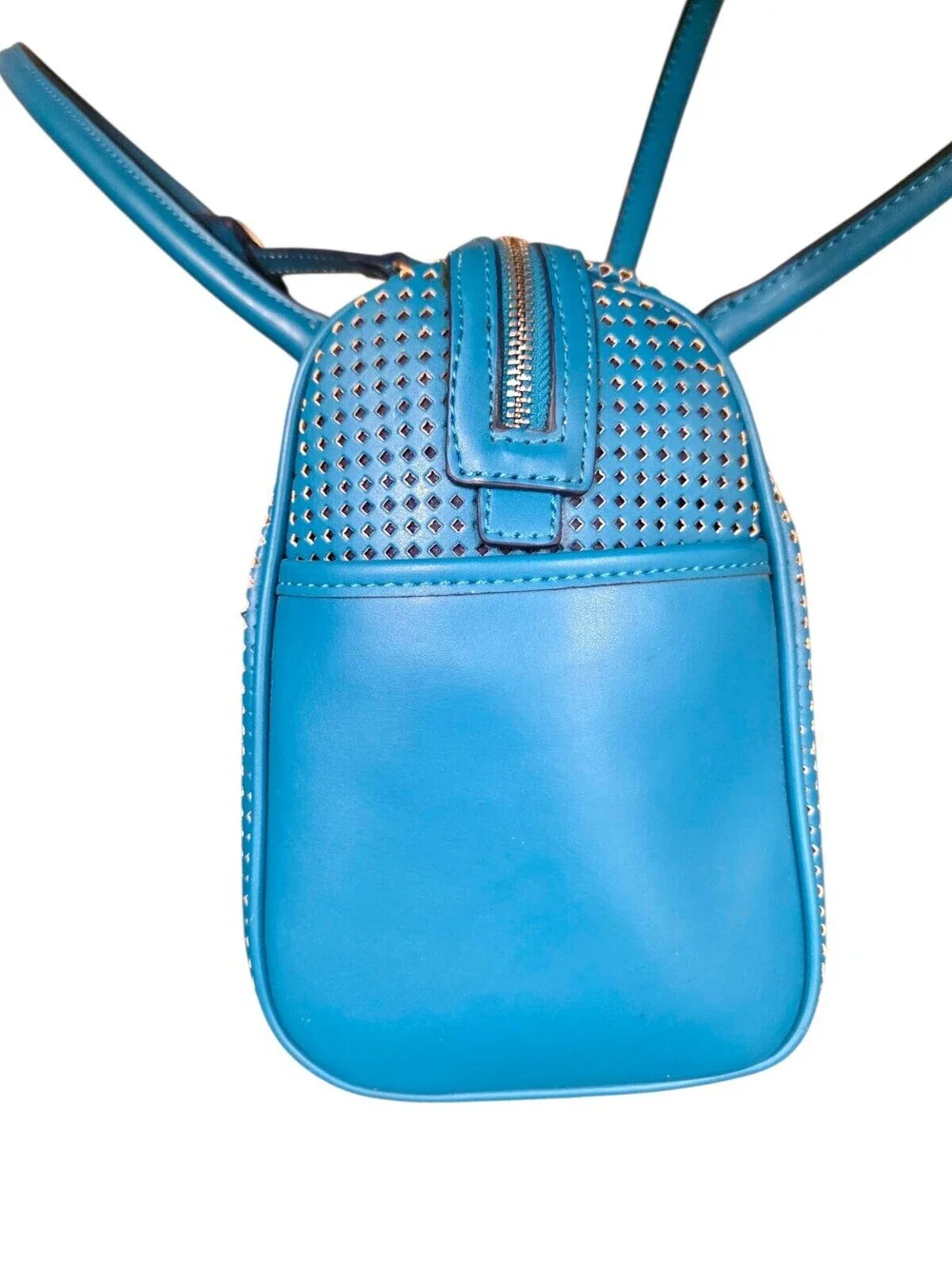 Nine West Teal Blue Perforated Satchel Shoulder Bag Purse Floral Lining
